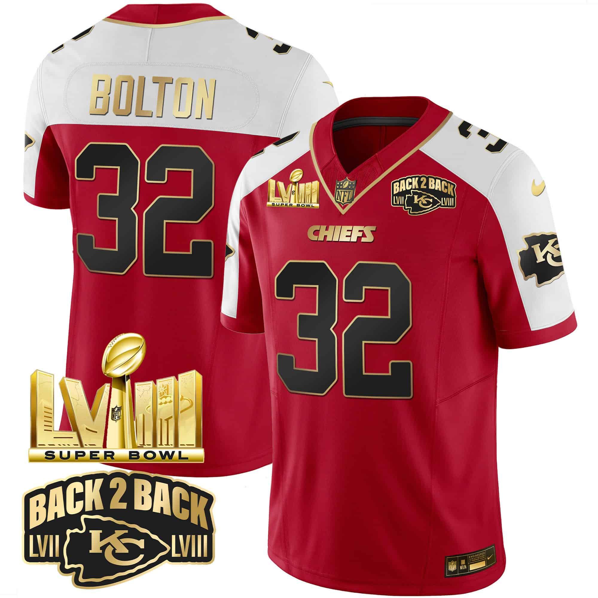 Men Kansas City Chiefs 32 Bolton Red 2024 Nike Super Bowl LVIII & Back 2 Back Gold Patch Vapor NFL Jersey